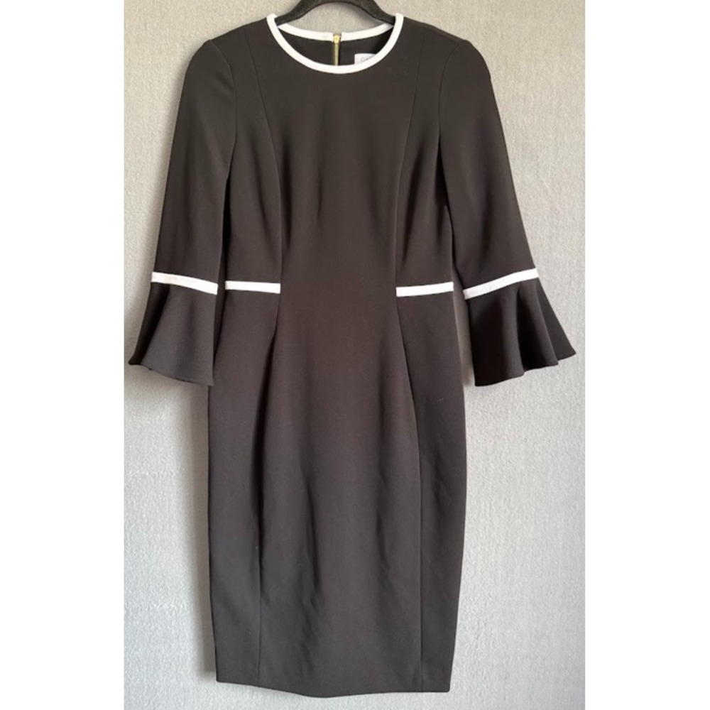 Calvin Klein Dress‎ Women Size 2 Black White Trim Bell Sleeve Sheath Care Casual